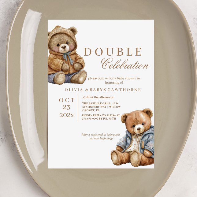Invitation Baby shower double mignon deux ours (Créateur téléchargé)