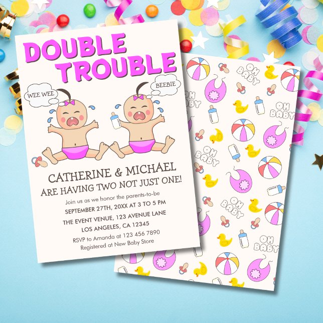 Invitation Baby shower Double Trouble Twin Girls (Créateur téléchargé)