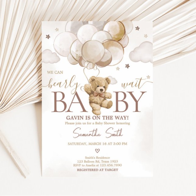 Invitation Baby shower d'ours à ballon Brown (Gender Neutral Bear Balloon Baby Shower Invitation)