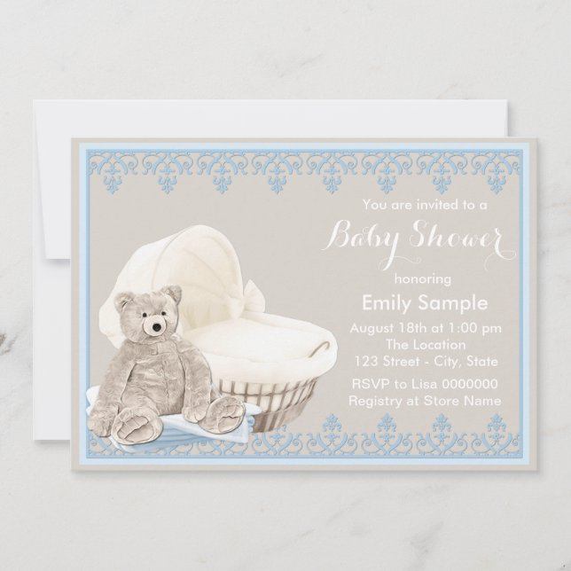 Invitation Baby shower d'ours beige et bleu Teddy (Devant)
