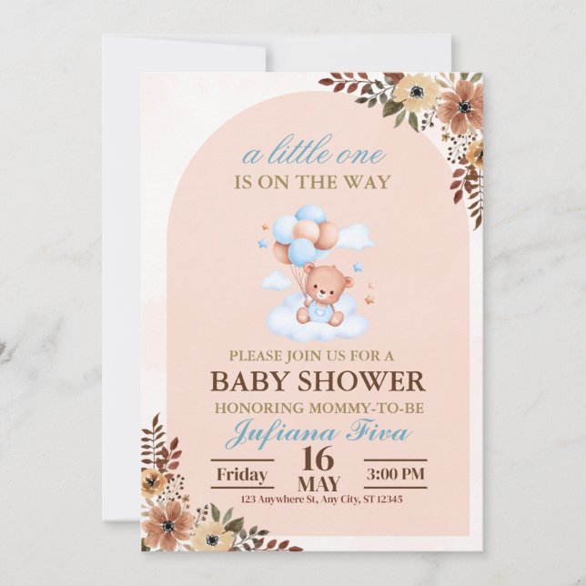 Invitation Baby shower d'ours bleu Teddy (Devant)
