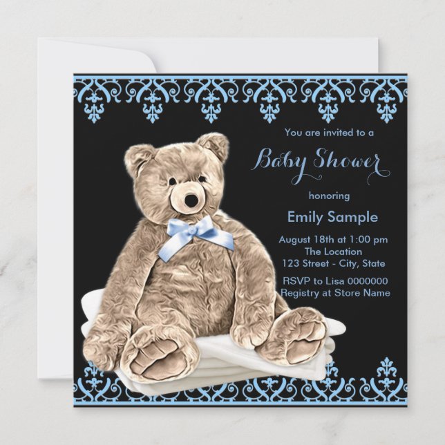Invitation Baby shower d'ours bleu Teddy (Devant)