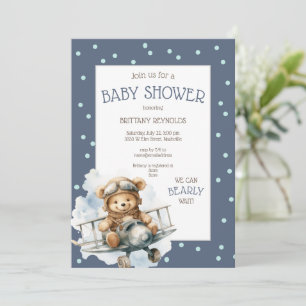 Invitation Baby shower d'ours bleu volant de l'avion