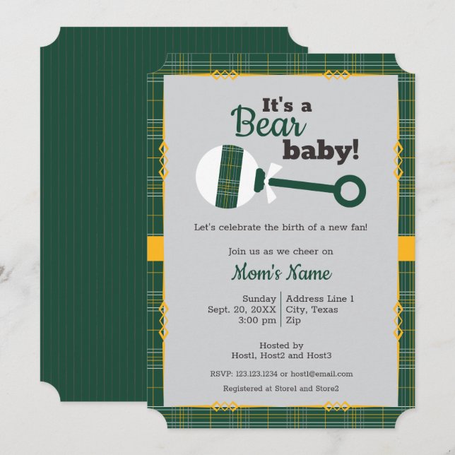 Invitation Baby shower d'ours de bétail vert (Devant / Derrière)