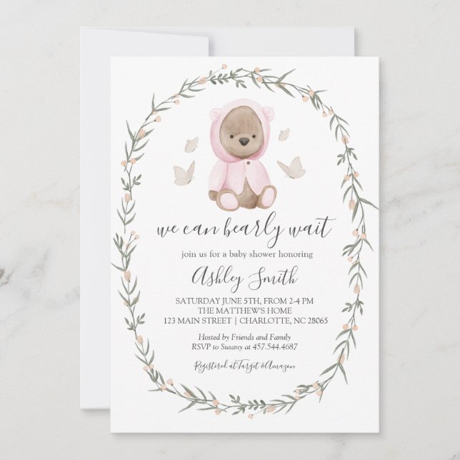 Invitation Baby shower d'ours de Bohême rose (Devant)