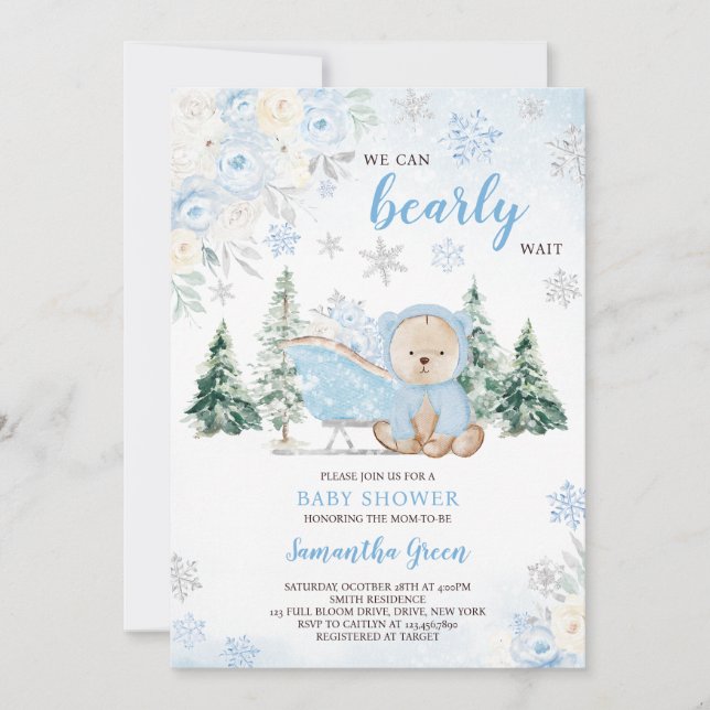 Invitation Baby shower d'ours d'hiver bleu (Devant)