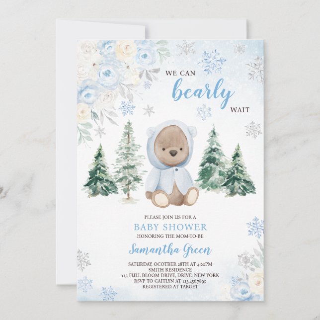 Invitation Baby shower d'ours d'hiver bleu (Devant)