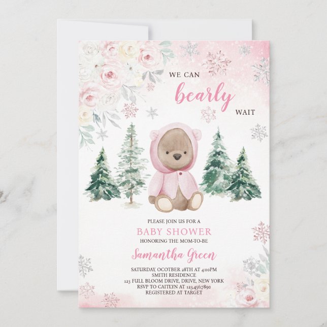 Invitation Baby shower d'ours d'hiver rose (Devant)