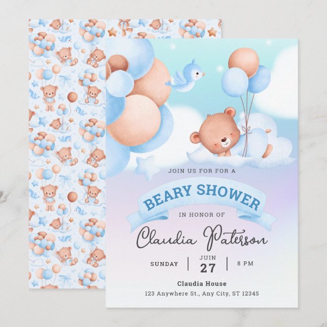 Invitation Baby shower d'ours doux Aquarelle Brown Blue Paste (Devant / Derrière)