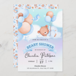 Invitation Baby shower d'ours doux Aquarelle Brown Blue Paste