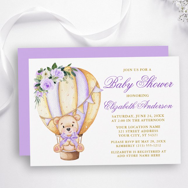 Invitation Baby shower d'ours en peluche à bulle d'air violet (Customize to change text color, size, style or to change color of back of card.)