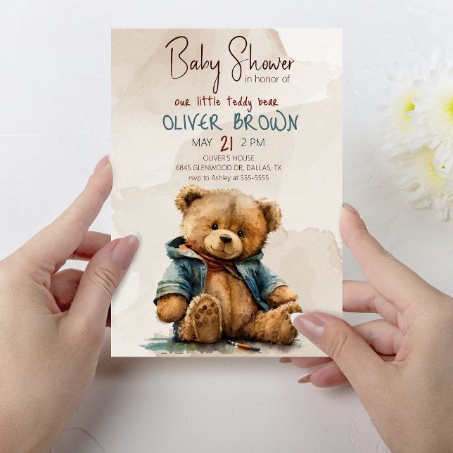 Invitation Baby shower d'ours en peluche à l'aquarelle brun d (Créateur téléchargé)