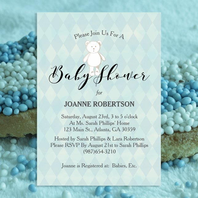 Invitation Baby shower d'ours en peluche blanc | Diamant bleu (Créateur téléchargé)