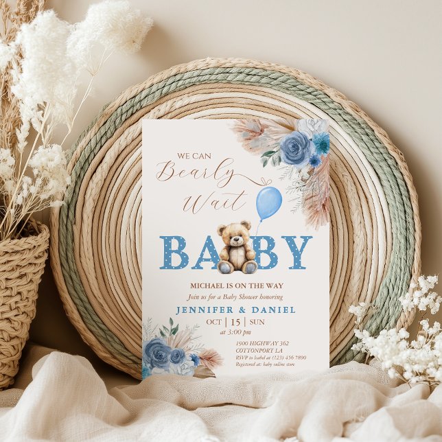 Invitation Baby shower d'ours en peluche bleu doux Pampas Flo (Créateur téléchargé)