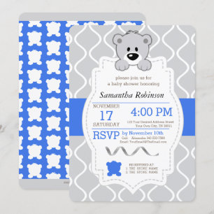 Invitation Baby shower d'ours en peluche bleu et gris
