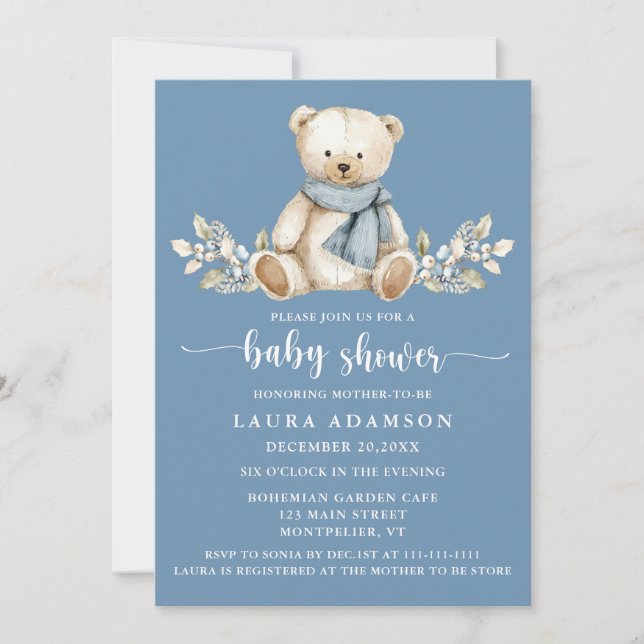 Invitation Baby shower d'ours en peluche d'hiver bleu (Devant)