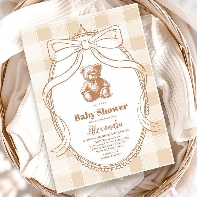 Invitation Baby shower d'ours en peluche En vichy neutre (Créateur téléchargé)