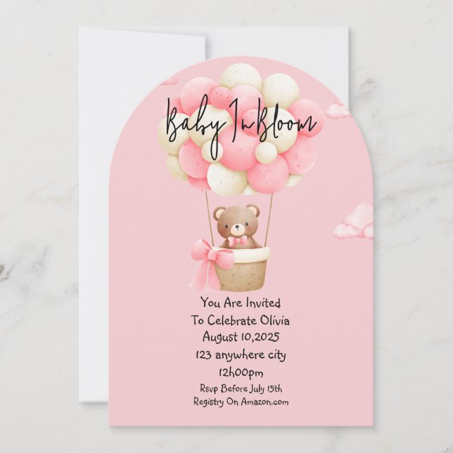 Invitation baby shower d'ours en peluche rose (Devant)