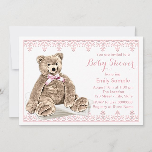 Invitation Baby shower d'ours en peluche rose (Devant)