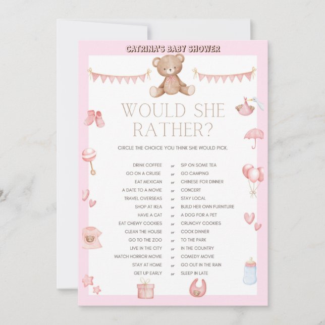 Invitation Baby shower d'ours en peluche rose - Nom modifiabl (Devant)