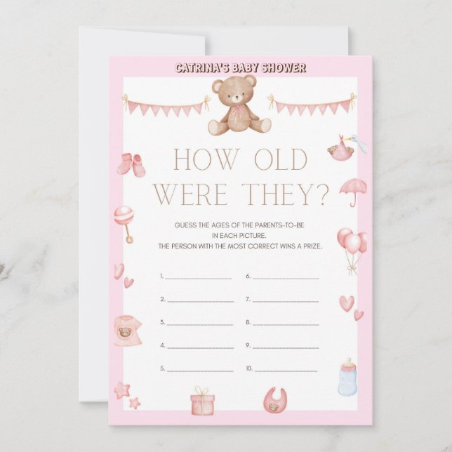 Invitation Baby shower d'ours en peluche rose - Nom modifiabl (Devant)