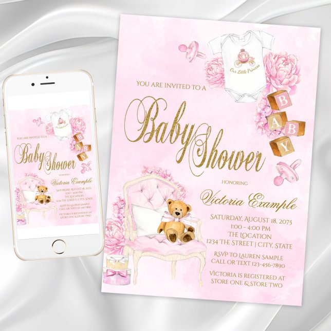 Invitation Baby shower d'ours en peluche rose or (Girl Watercolor Pink Gold Teddy Bear Baby Shower Invitation. Download and printed available.)