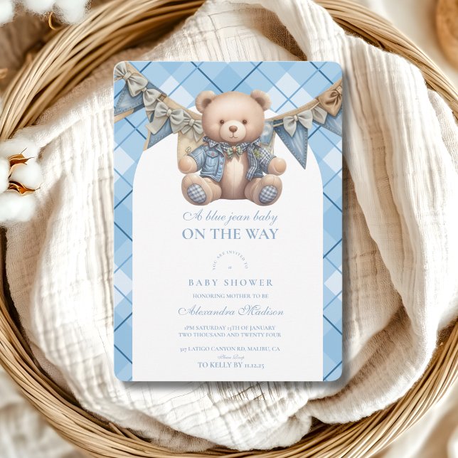 Invitation Baby shower d'ours moderne Denim Teddy (Créateur téléchargé)