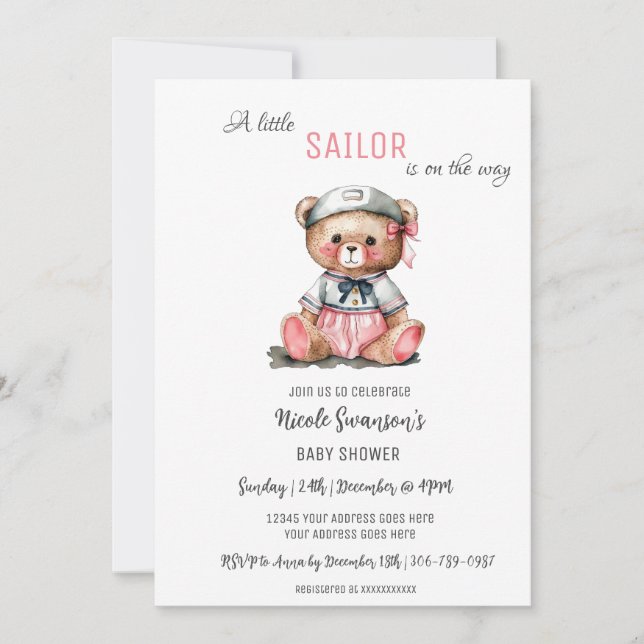 Invitation Baby shower d'ours nautique rose (Devant)