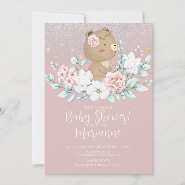 Invitation Baby shower d'ours Parties scintillant florale bou (Devant)