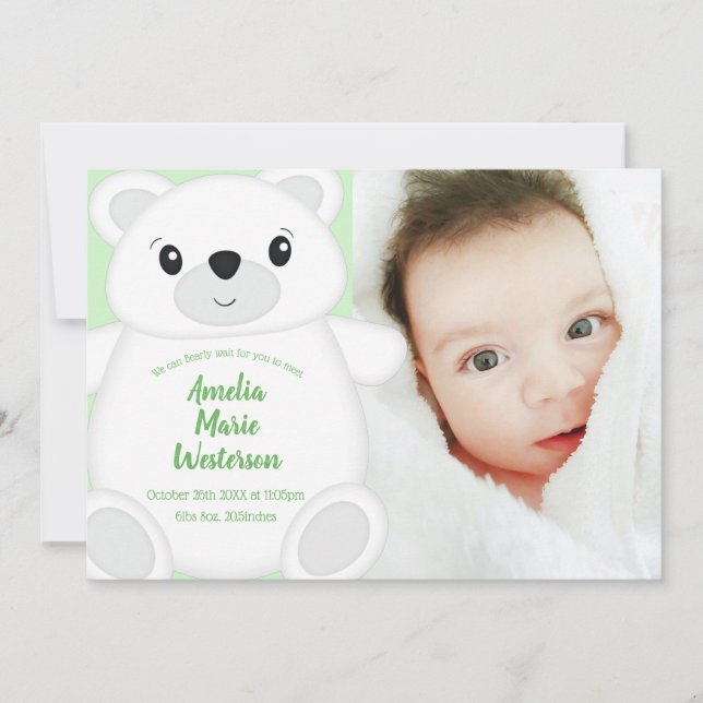 Invitation Baby shower d'ours polaire vert (Devant)
