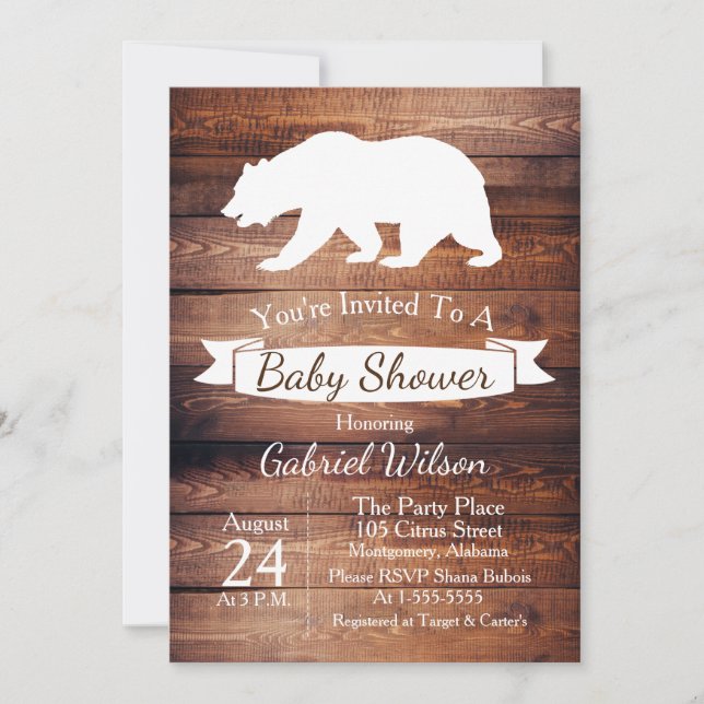 Invitation Baby shower d'ours rustique en bois et blanc (Devant)