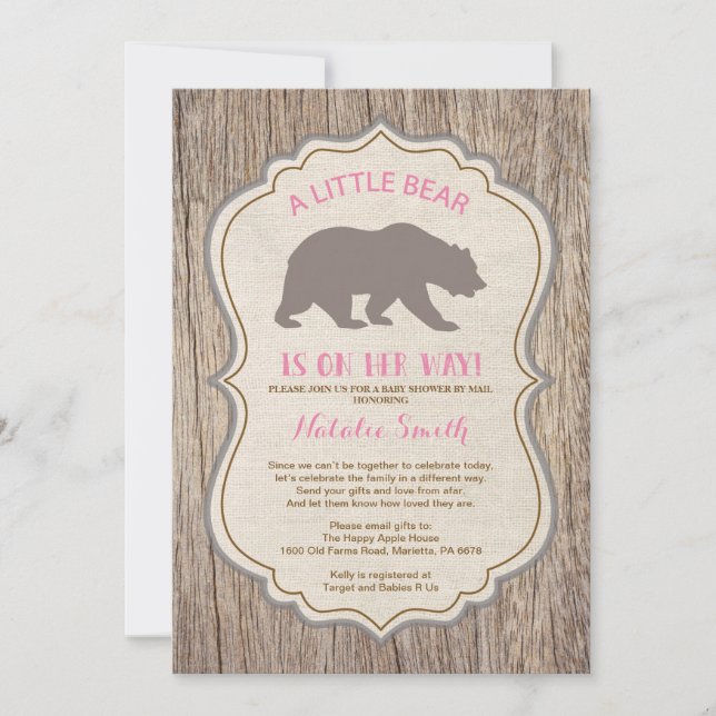 Invitation Baby shower d'ours rustique par une fille invitée  (Devant)