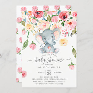 Invitation Baby shower doux éléphant Pink Peonies