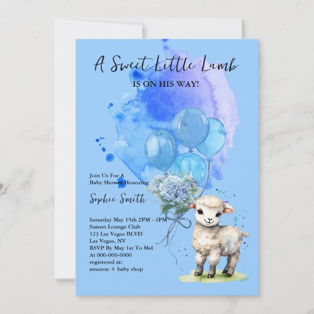 Invitation Baby shower doux petit agneau bleu Hydrangea (Devant)