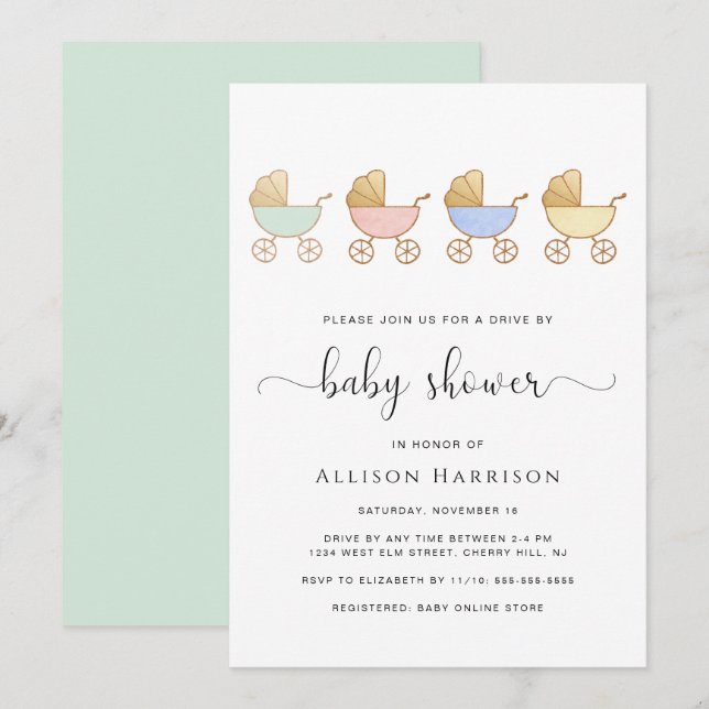 Invitation Baby Shower Drive By Retro Parade de Landau (Devant / Derrière)