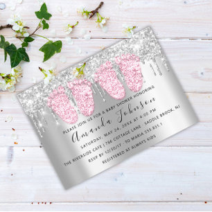 Invitation Baby shower Drives Argent Gris Pieds Jumeaux Fille