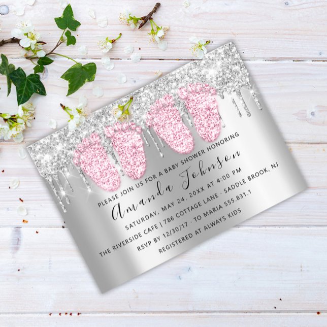 Invitation Baby shower Drives Argent Gris Pieds Jumeaux Fille (Créateur téléchargé)