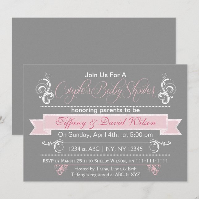 Invitation Baby shower du couple rose gris (Devant / Derrière)