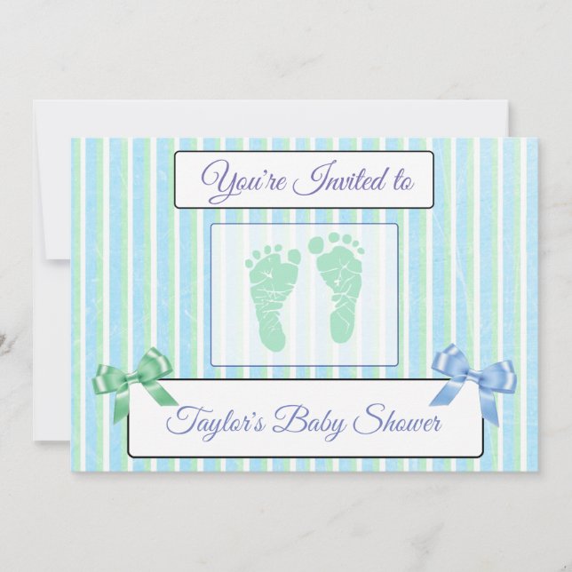 Invitation Baby shower du garçon rayé bleu et vert (Devant)