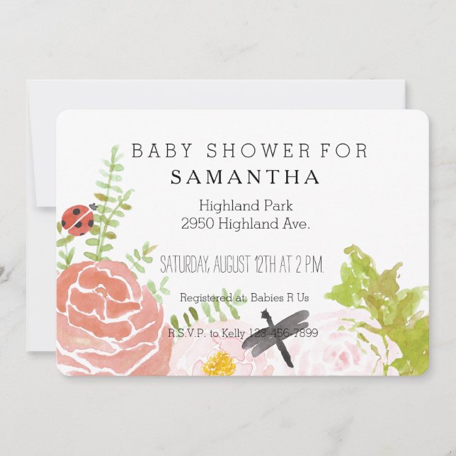 Invitation baby shower du jardin d'aquarelles des Dragonflies (Devant)