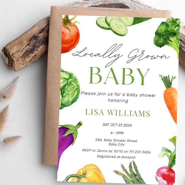 Invitation Baby shower du marché de l'éleveur de bébés local (Locally Grown Baby Farmer's Market Veggies Baby Shower Invitation)