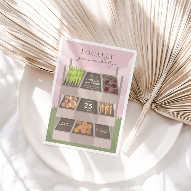 Invitation Baby shower du marché des fermiers roses cultivés  (100% Organic, Locally Grown Baby! Physical invitation preview)