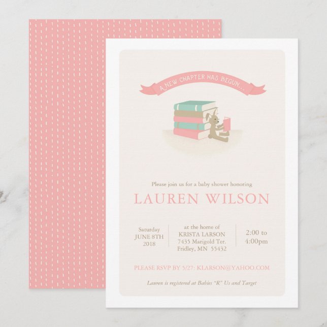 Invitation Baby shower du nouveau chapitre - rose (Devant / Derrière)