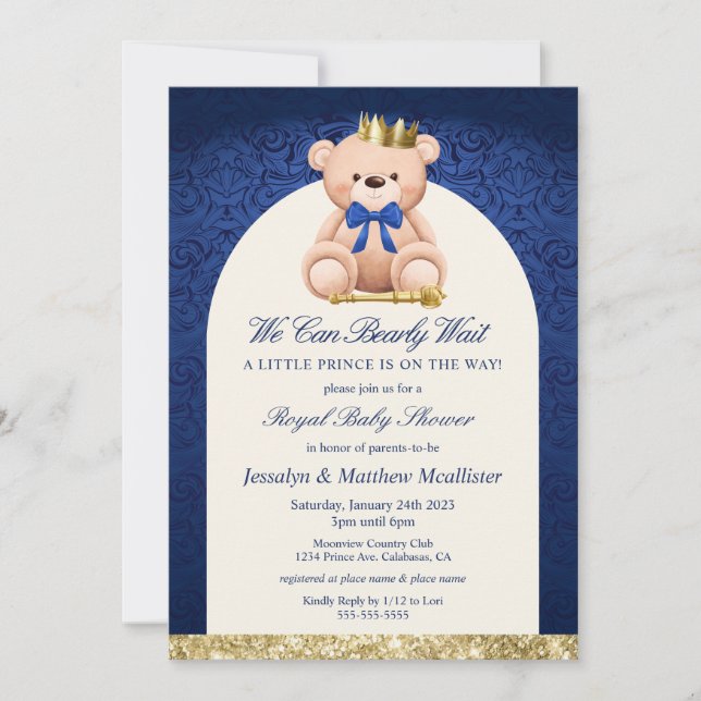 Invitation Baby shower du prince de l'ours bleu Teddy (Devant)