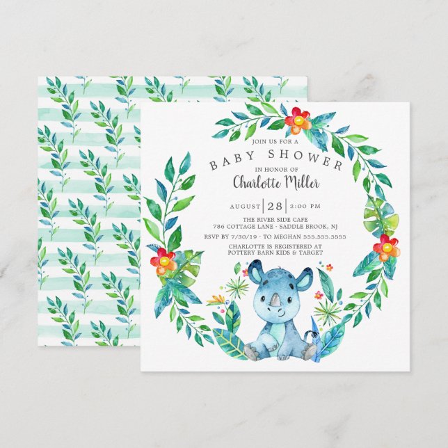 Invitation Baby shower du Rhino de la Jungle (Devant / Derrière)