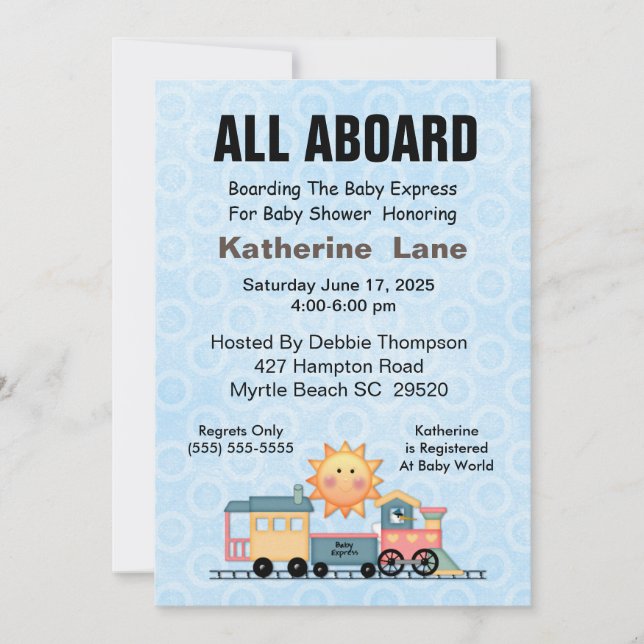 Invitation Baby shower du train de la cigogne bleu (Devant)