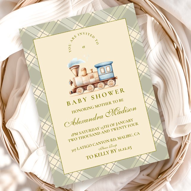 Invitation Baby shower du train Watercolor vert (Créateur téléchargé)