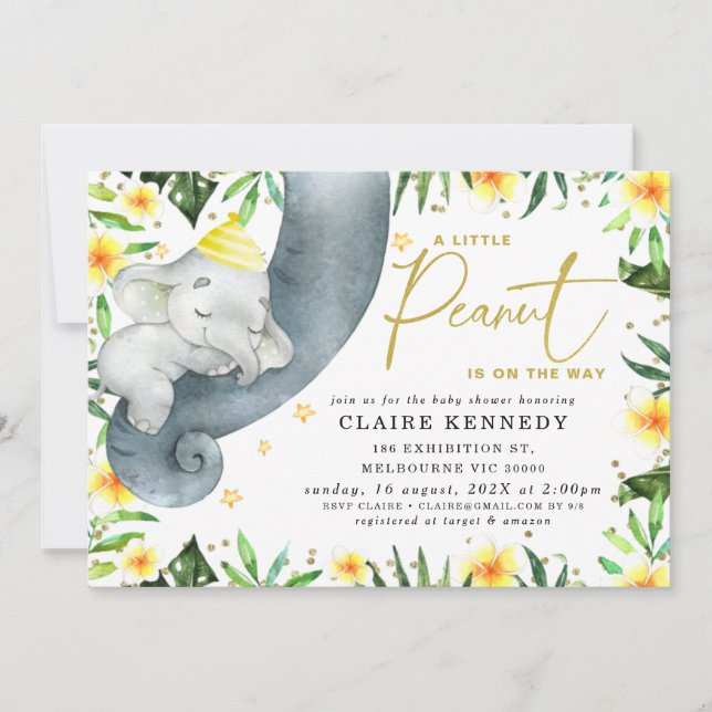 Invitation Baby shower du tronc d'éléphant à couchage floral  (Devant)