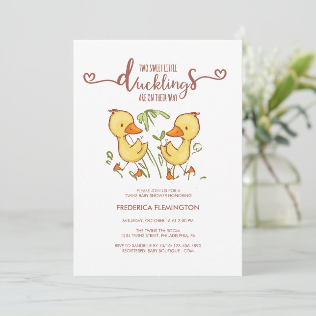 Invitation Baby shower Ducklings Twins (Debout devant)