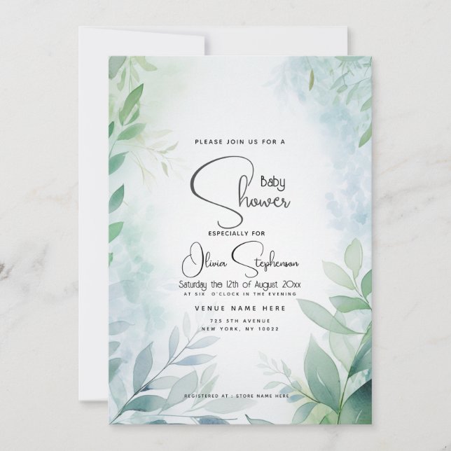 Invitation Baby shower - Dusty Blue Leafy QR (Devant)